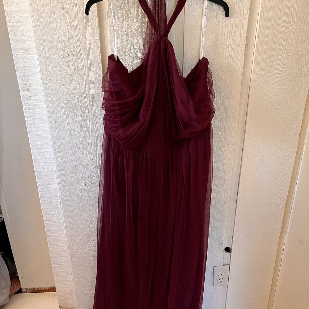 David’s Bridal High Neck Pleated Soft Net Dress in Wine